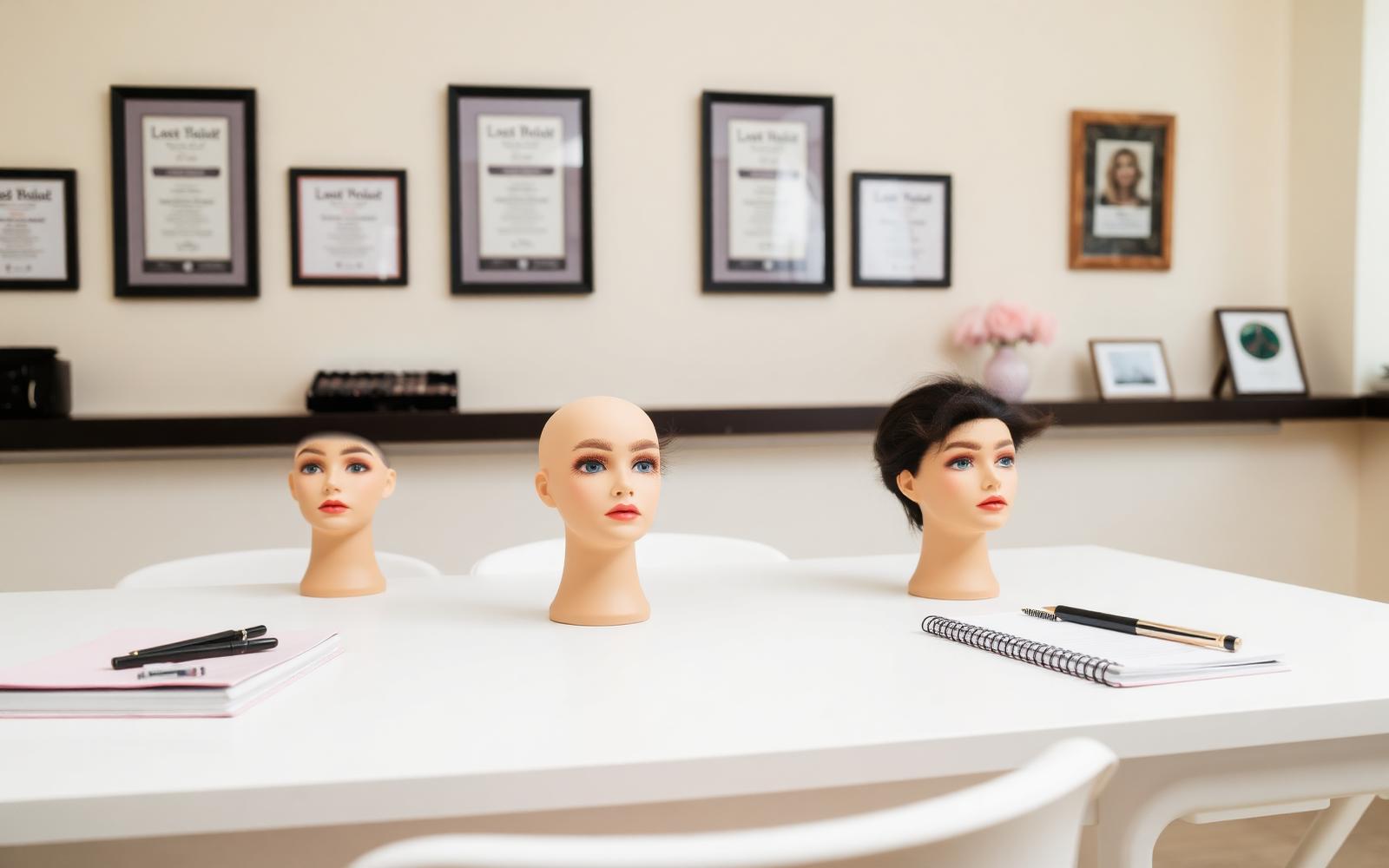 Kathy Lashes & Beauty Studio training classroom with practice mannequin heads